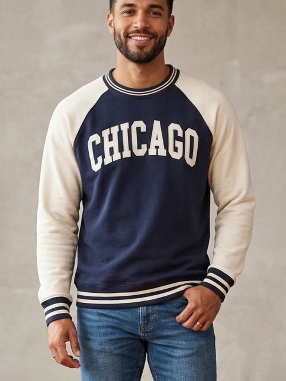 New York Popular Chicago Varsity Raglan Sweatshirt Navy Cream Mens XL